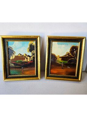 Pair Of Vintage Framed Landscape Oil Paintings With Figures & Scenic Details 6"x